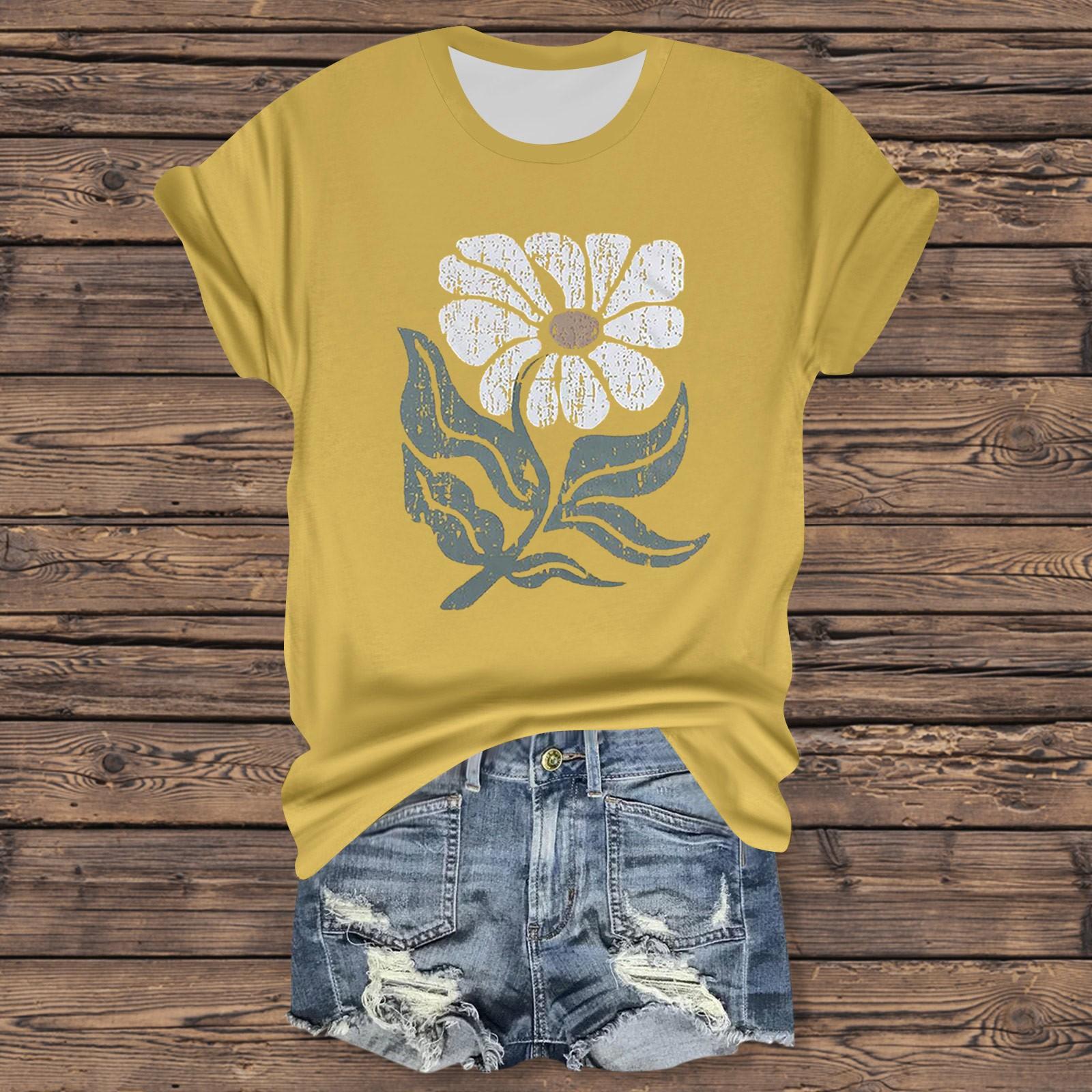 

Жіноча повсякденна футболка з принтом і круглим вирізом, пуловер з короткими рукавами XL жовтий