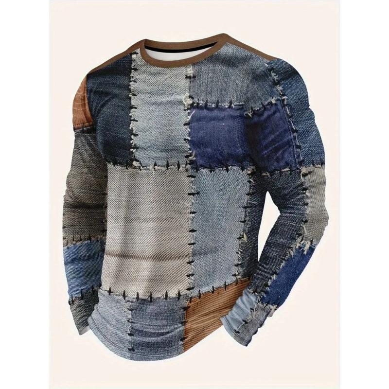 Autumn and Winter Men's Checked 3D Printed Crew Neck Long Sleeve T-Shirt