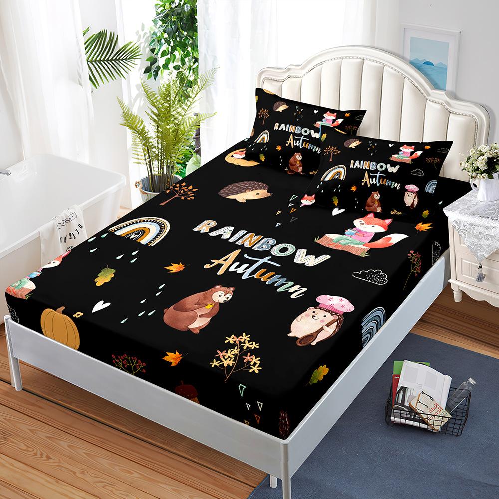 Sheet Three-Piece Bedspread Pillowcase Little Fox Pumpkin Thanksgiving Mattress Protective Cover
