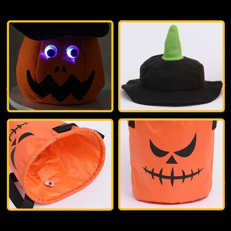 Halloween Candy Basket with LED Light Large Capacity Handle Design Pumpkin Shaped Candy Treat Bags Party Decoration