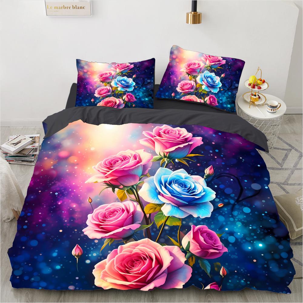 Colorful Rose 3D Printed Pattern 3pcs Single Double Queen Quilt Cover Pillowcase Bedding Set