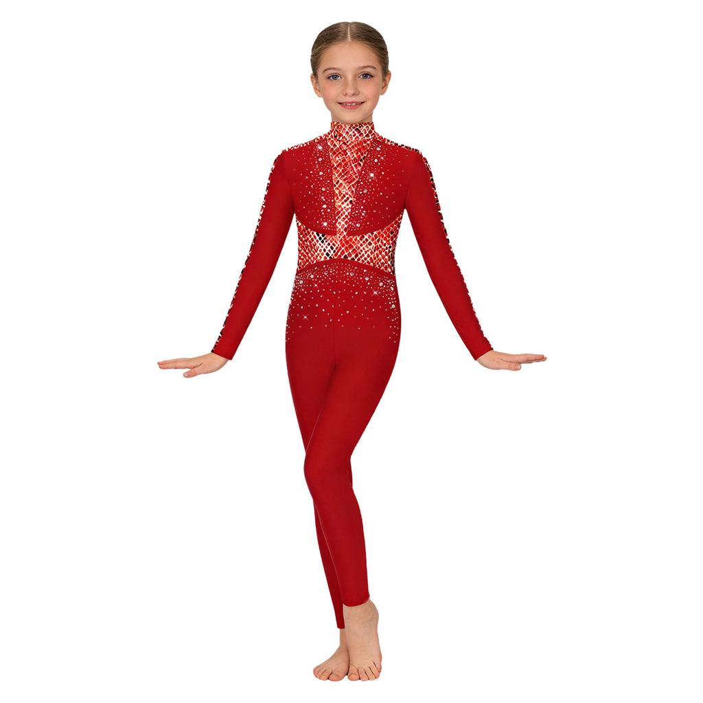 Leotard da Ballo da Bambina a Maniche Lunghe con Paillettes e Strass, Lucido, Full Body, Zip Invisibile Posteriore