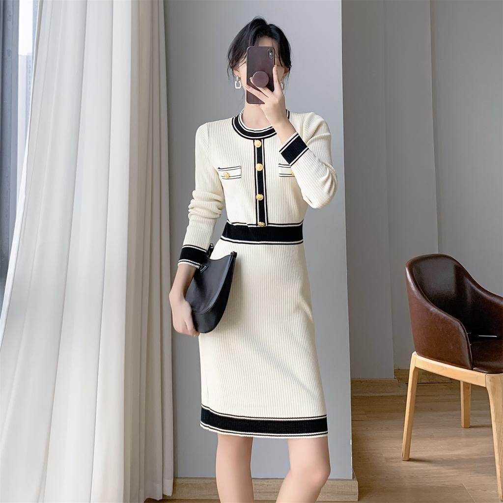 French Elegant Party Color Contrast Dress Women Vintage Slim Mid-length Knitted Dresses Female Korean Fashion Design Casual Clothes