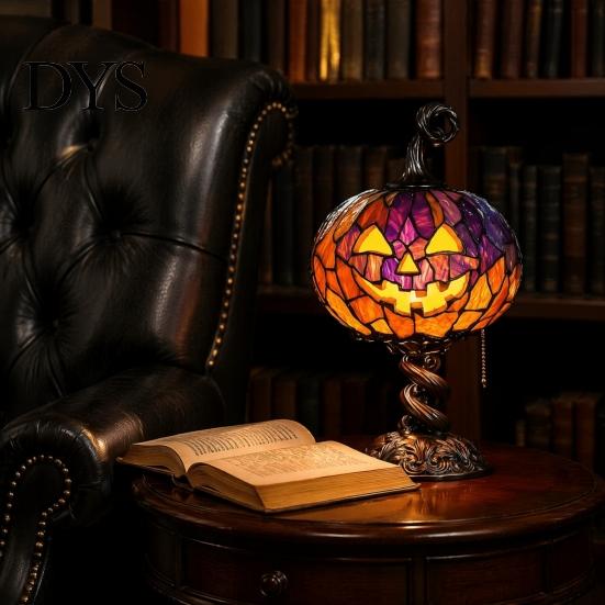 Resin Lamp for Bedroom Stained Glass Halloween Pumpkin Table Lamp, USB Powered Night Light with Dark Academia Desk Decor Warm Glow, Gothic Desktop