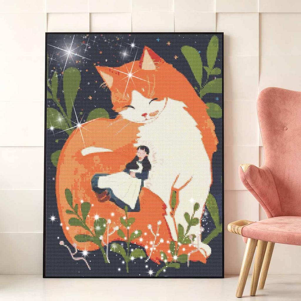 DIY 5D Diamond Art Kit Cute Giant Orange Cat Hugging Little Girl Sparkling Rhinestone Canvas for Bedroom and Living Room Decor