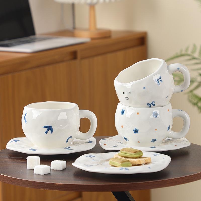 Korean Hand-Painted Ceramic Cup & Saucer Set - Creative Irregular Design for Coffee & Tea