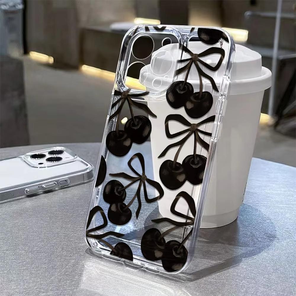 INS Black Cherry Bowknot Clear Phone Case For Samsung Galaxy A14 A15 5G S21 S22 S23 S24 FE Plus Ultra A25 A35 A52 A53 A54 A55 5G