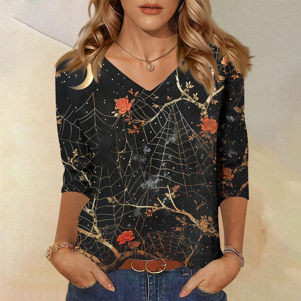 Women V Neck Casual Top Halloween Print 3/4 Sleeve Lightweight Blouse for Everyday Wear Comfortable Fit