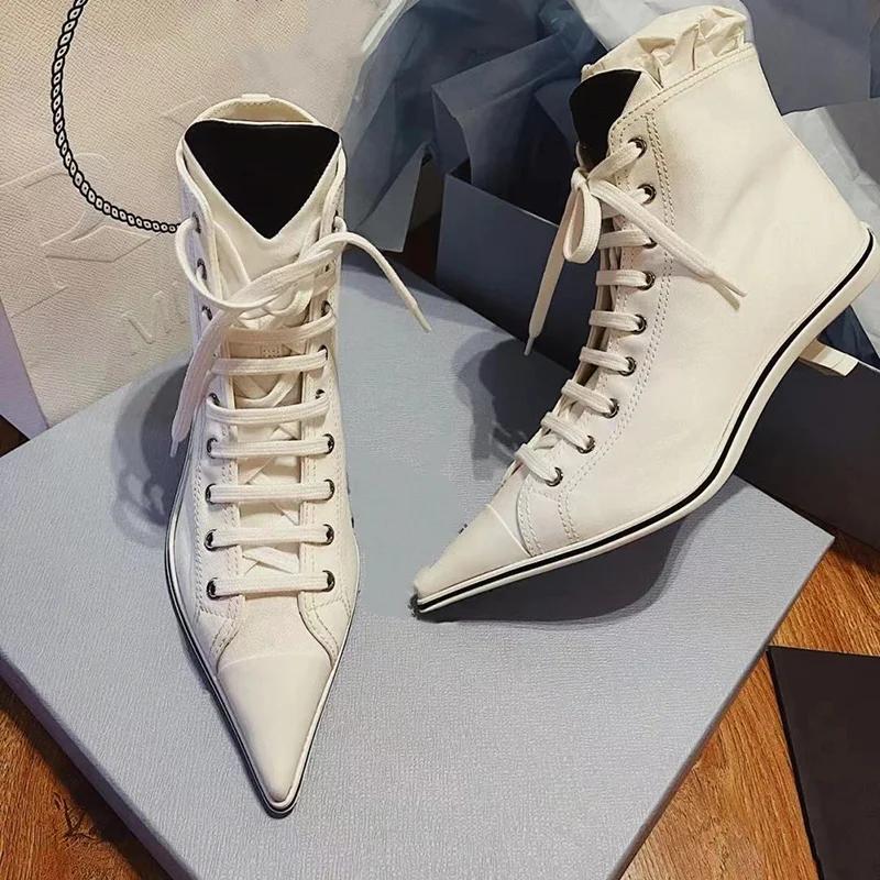 

2025 Newest Pointed Toe Strange Style Heel Low-top Boots Lace Up Autumn/winter Women Pumps White Runway Show Cross Tied Canvas 35