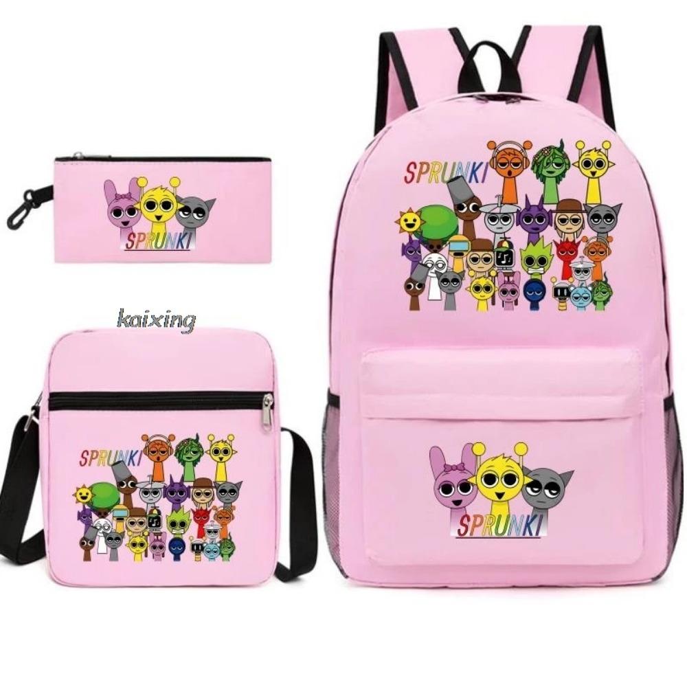 3 st Nytt Sprunki Anime-tryck Ryggsäcksset, Med Tote och Pouch, Stor Kapacitet Lättviktig Och Andningsbar Utomhusryggsäck