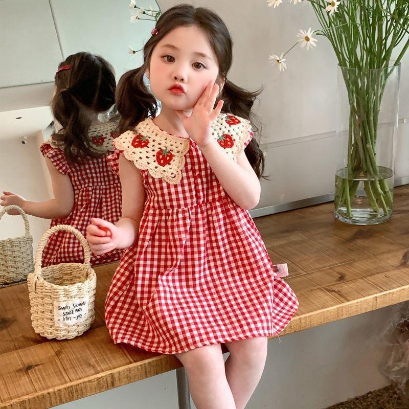 Girls Summer Sweet Strawberry Polo Collar Plaid Dress Fashionable Princess Skirt