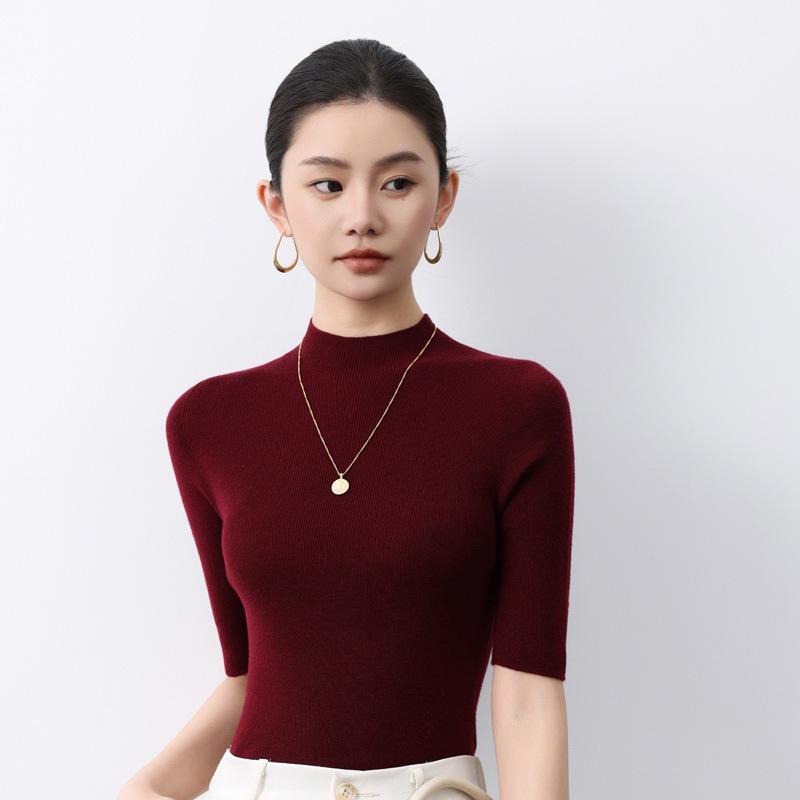 Ancola Women's Red Slim-Fit Wool Cardigan, Half-High Neck, Short Sleeves - 2025 Spring/Summer Thin Style Knitted Base Layer.