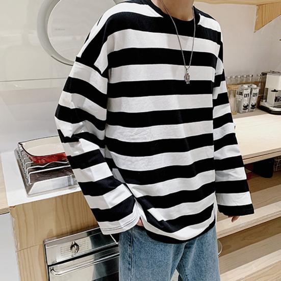 Męska bluza w paski, okrągły dekolt, długi rękaw, swobodny, luźny krój, modny top dla młodych mężczyzn, akcesoria