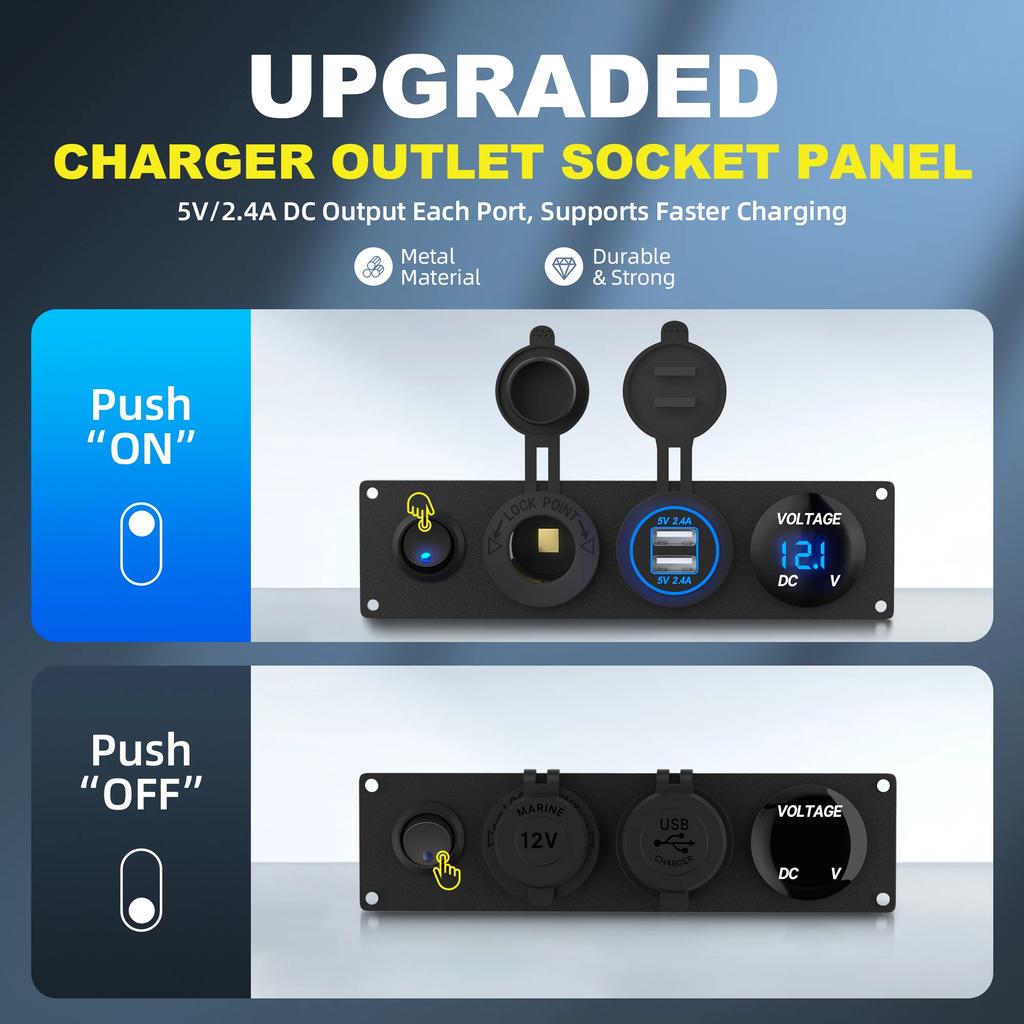 4 in 1 ON/OFF Charger Socket Panel Dual USB Socket Power Outlet & LED Voltmeter &Cigarette Lighter Socket& LED Switch
