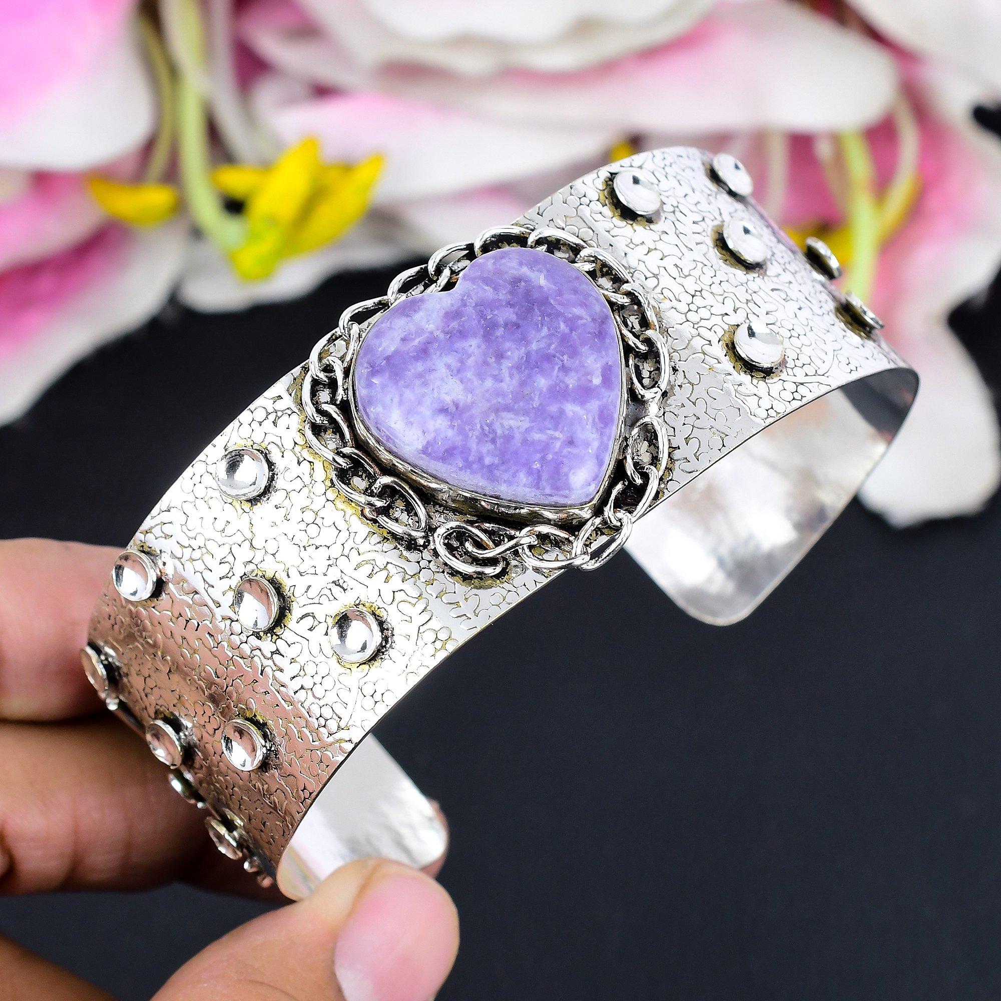 

Lepidolite Gemstone Handmade 925 Sterling Silver Cuff Bangle Adjustable KG-1867