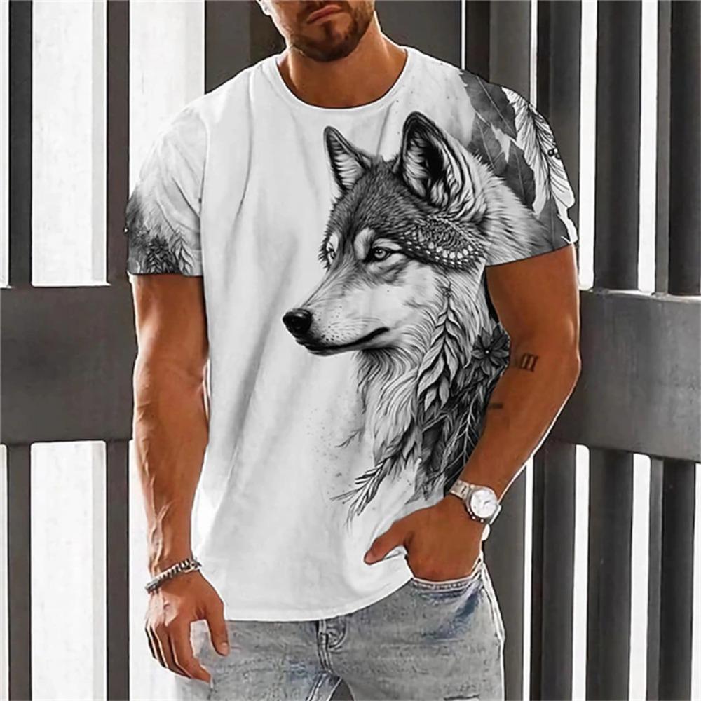 New Fashion Men's Crew Neck Short Sleeve T-Shirt with 3D Wolf and Dragon Print, Men's Casual Sports Streetwear Top