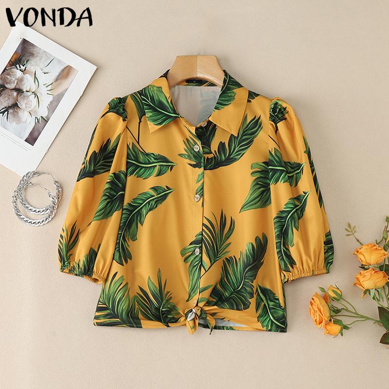 

VONDA Летняя женская блузка с лацканами, рукавами-буфами, принтом в гавайском стиле M жёлтый