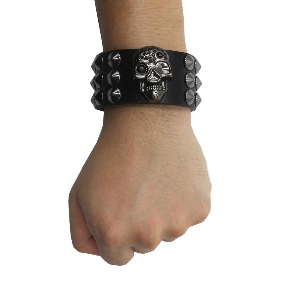 Skull Rivet Punk Leather Bracelet - Edgy Street Dance Rap Wristband Accessory