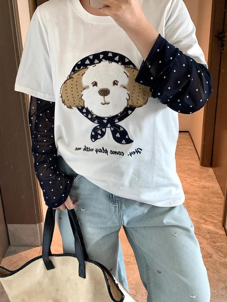 Shuangtian 2026 Plus Size Women's T-Shirt with Mesh Sleeves & Cartoon Embroidery