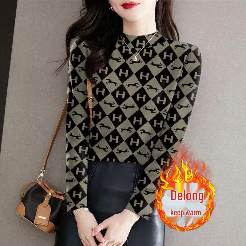

Ribbed Plush Base Layer Top: Half-High Collar, Long-Sleeve, Letter Print for Middle-Aged & Elderly Women - Stylish Autumn/Winter Wear 3XL (135-150 lbs)