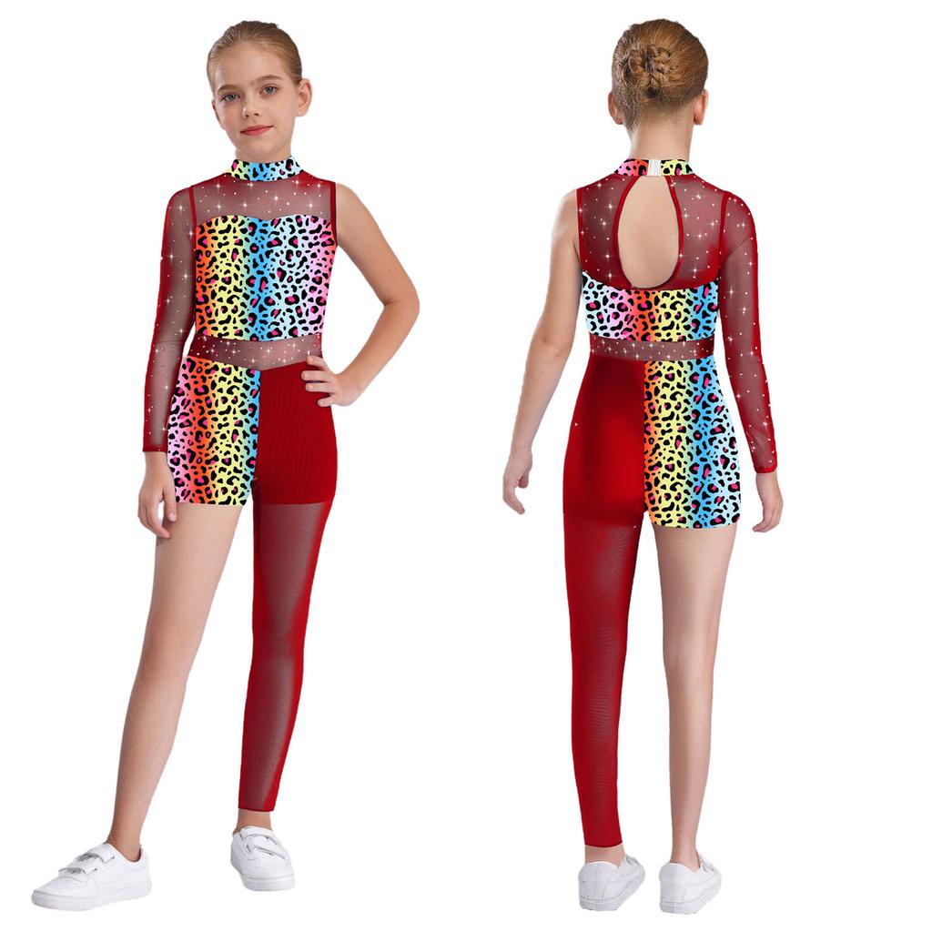 Girls Stage Performance Bodysuit: Choose Star, Leopard or Snakeskin Print with Shiny Rhinestones & Sheer Mesh Panels