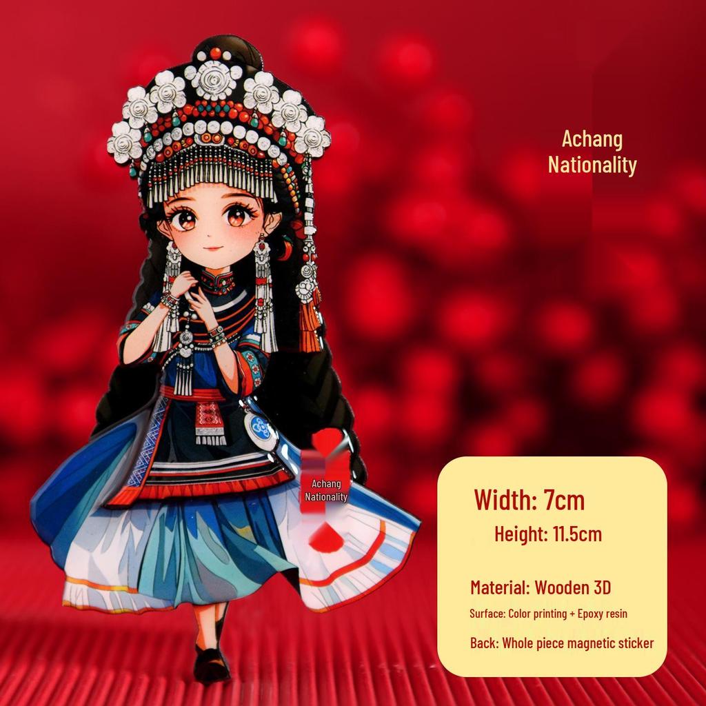 Chinese Ethnic Figures Wooden Magnets - Cultural Souvenir Stickers