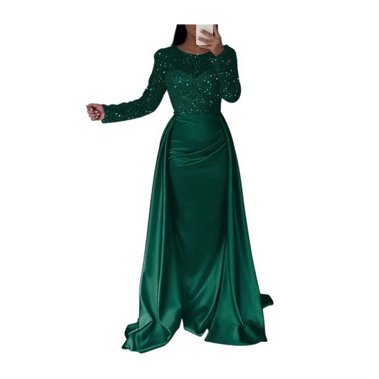 Sequin Sheer Mesh Long Sleeve Maxi Dress for Women Flowy Glitter A-line Long Dress Formal Cocktail Evening Gown