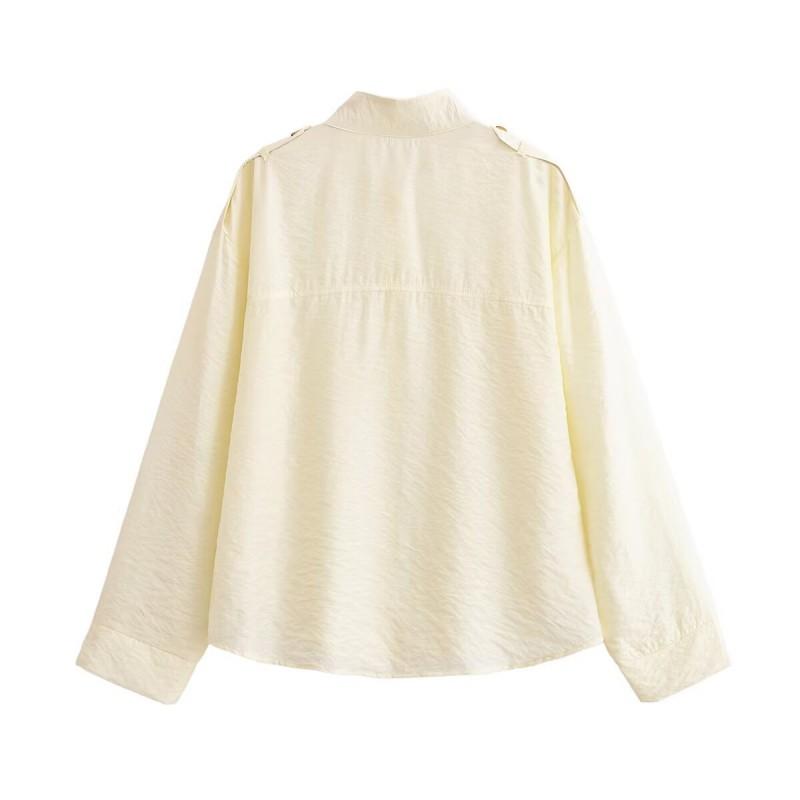 Womens Loose Fit Stand Collar Shirt 2026 Casual Long Sleeve Top Pure Color High Stretch