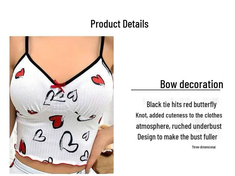 Heart Print Color Block Summer Women’s Pajama Set - Sexy Camisole and Shorts