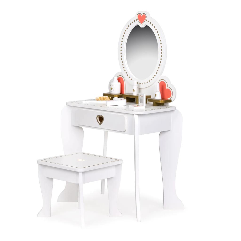 Wooden girl's dressing table, mirror, accessories, white, elegant, neutral