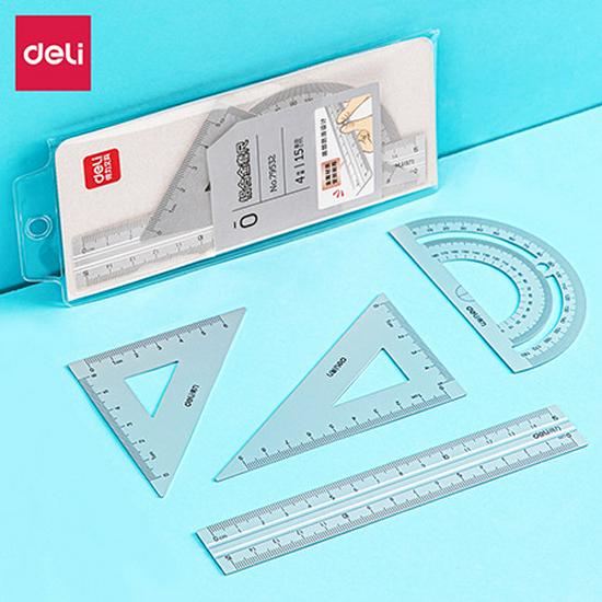 79532 Deli Student Drafting Ruler Set: Includes Straight Ruler, Two Triangle Rulers, and Protractor