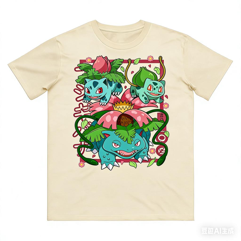 Pokémon Bisasam Entwicklung Bedrucktes Reines Baumwoll-T-Shirt für Herren und Damen FrühlingSommer Neue Kollektion Modisches Kurzarmhemd