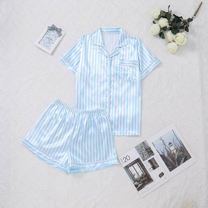 Women's Pinstripe Satin Pajama Set: Short Sleeve Cardigan & Elastic Waistband Shorts
