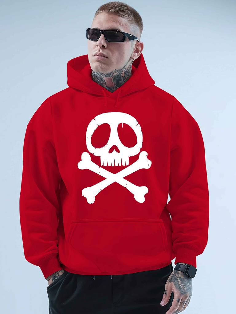 Cool Kids Hip Hop Sports Hooded Sweatshirt, Front Skull Bone Graphic, Loose Drawstring Pullover For Boys Street Wear