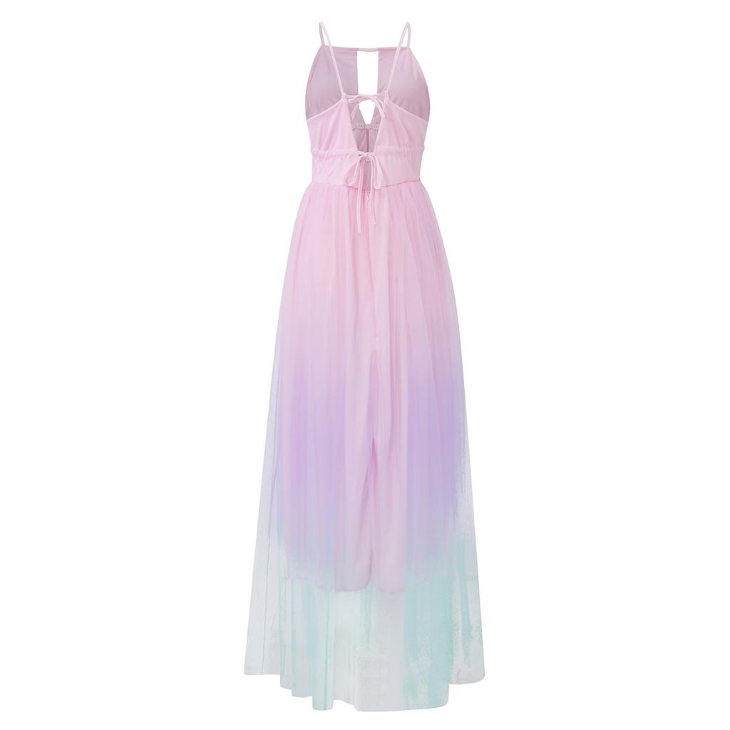 Women's Sexy Backless Zipper Strap Prom Evening Dress Gradient Sleeveless Dress