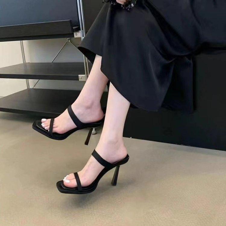 2025 Summer Internet Celebrity New Style with Skirt, High Heel Sandals Women's Fashion Silver Black One Word Slippers