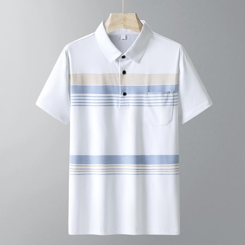 Men s Blue Striped Print Short Sleeve Polo Shirt with Pocket M белый