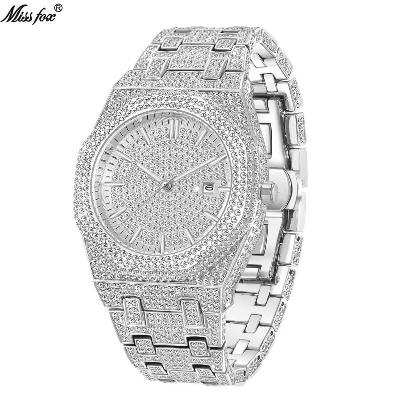 MISSFOX Hip Hop Style Mens Quartz Watch With Full Crystal Dial Arabic Numerals Gold 45mm Polygonal Case
