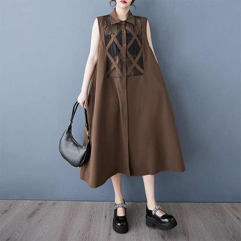 

Весенне-осеннее новое свободное платье-рубашка большого размера с сетчатой вставкой, повседневное, простое, милое, с рукавами L темно-коричневого