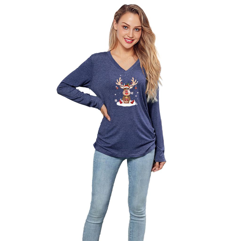 GMXIA New Solid-color Christmas Print Top for Women Is A Loose and Casual Long-sleeved T-shirt