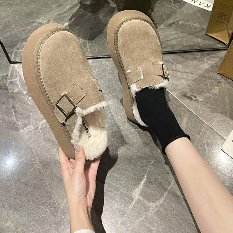 thick-soled fluffy slippers women s Birkenstocks new winter plush warm Birkenstocks snow boots bag head half slippers 35 2270₽