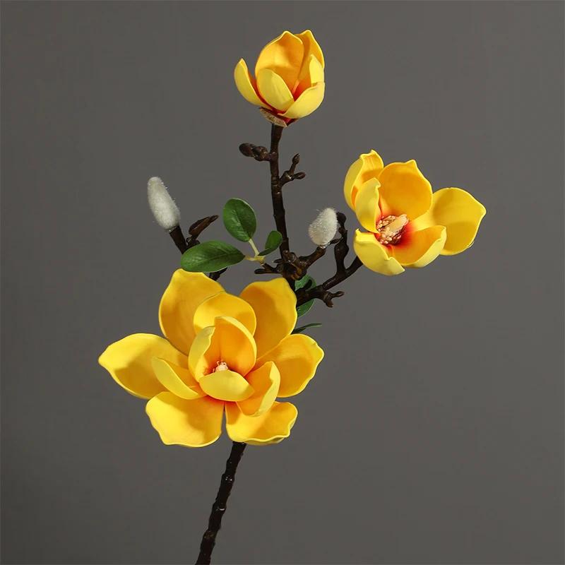 Bouquet di Magnolia Real Touch di Alta Qualità 70cm Per Composizione Floreale 3 Teste PU Fiore Artificiale Matrimonio Casa Soggiorno Decor