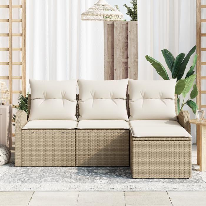 VidaXL Ensemble de Canapés de Jardin 4 Pièces avec Coussins Beige Rattan Synthétique 3345991