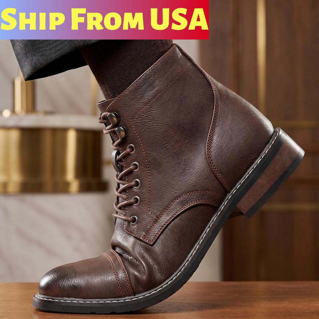 Men's Vintage Combat Boots Lace-Up Cap Toe Ankle