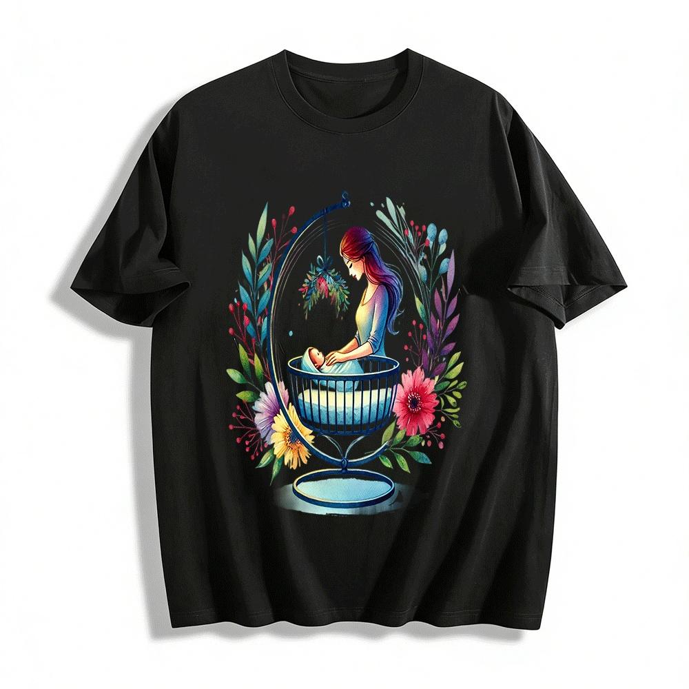 Mother And Baby Cradle Floral Print Casual Top Pure cotton T-shirt XXS