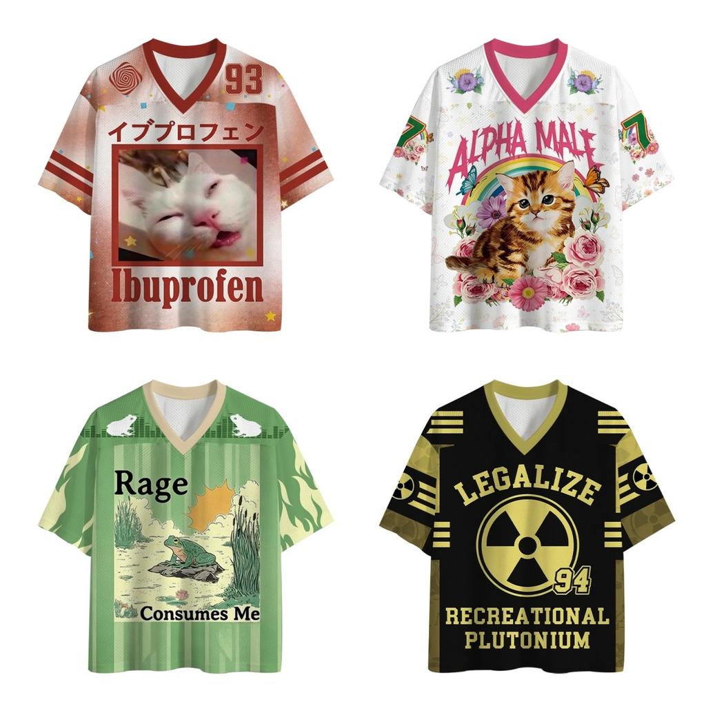 2026 Alpha Male Cat & Frog Meme Mesh Football Jersey Bundle, 4 Styles V-Neck Graphic Tee Y2K Unisex Streetwear Short Sleeve Top