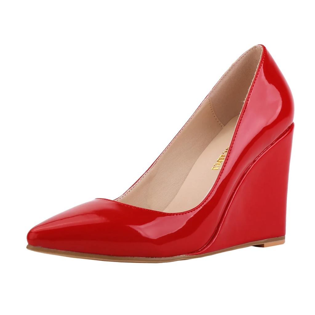 Women Wedges Pumps Sexy Pointed Toe Ship-on Patent Leather High Heels Female Red Black Office Wedding Shoes Summer Autumn Ladies