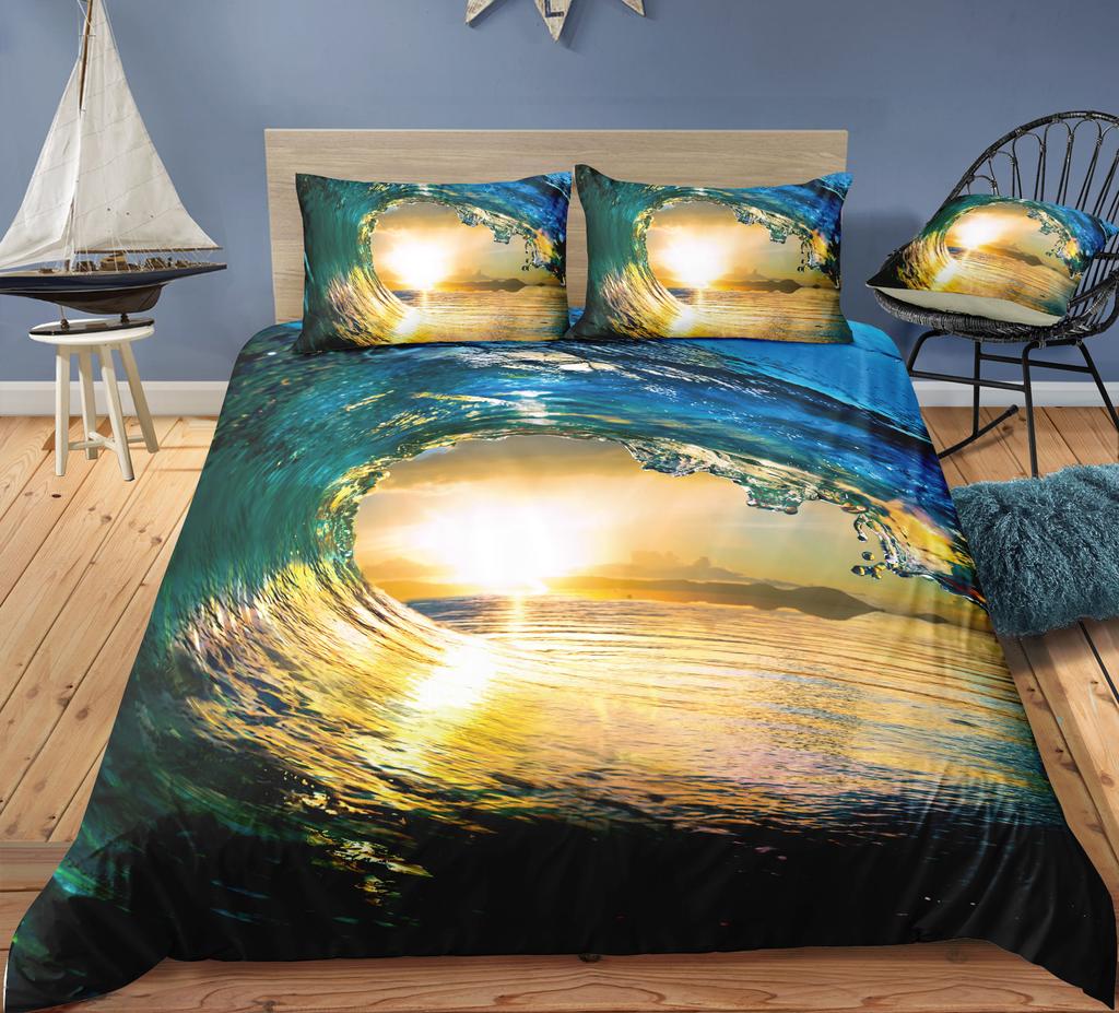 3D Ocean Print Bedding Single Double Bed Full Size Pillowcase and Quilt Cover 2 or 3 Landscape Patterns Washable and Comfortable Home Decoration