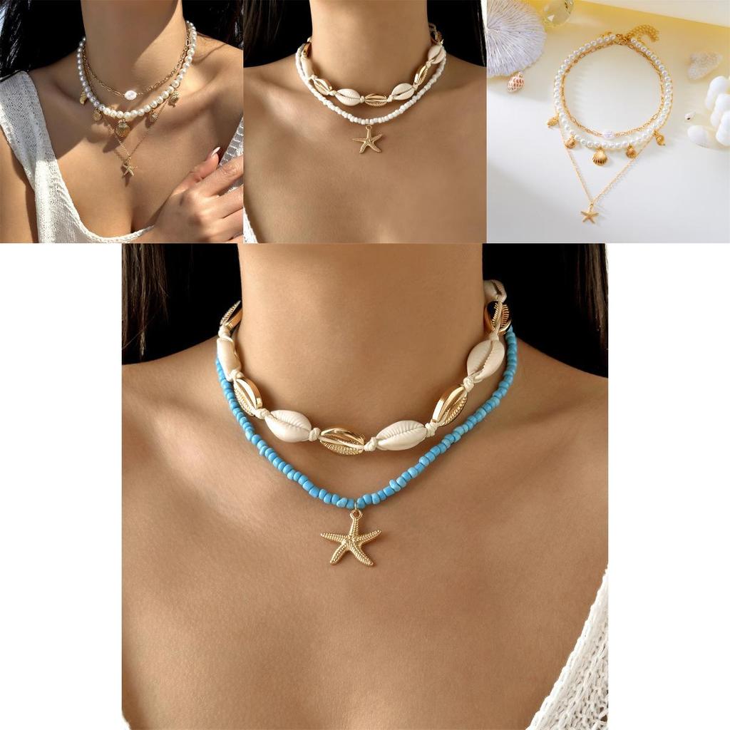 Bohemian Starfish Shell Bead Necklace With Layered Chain For Women