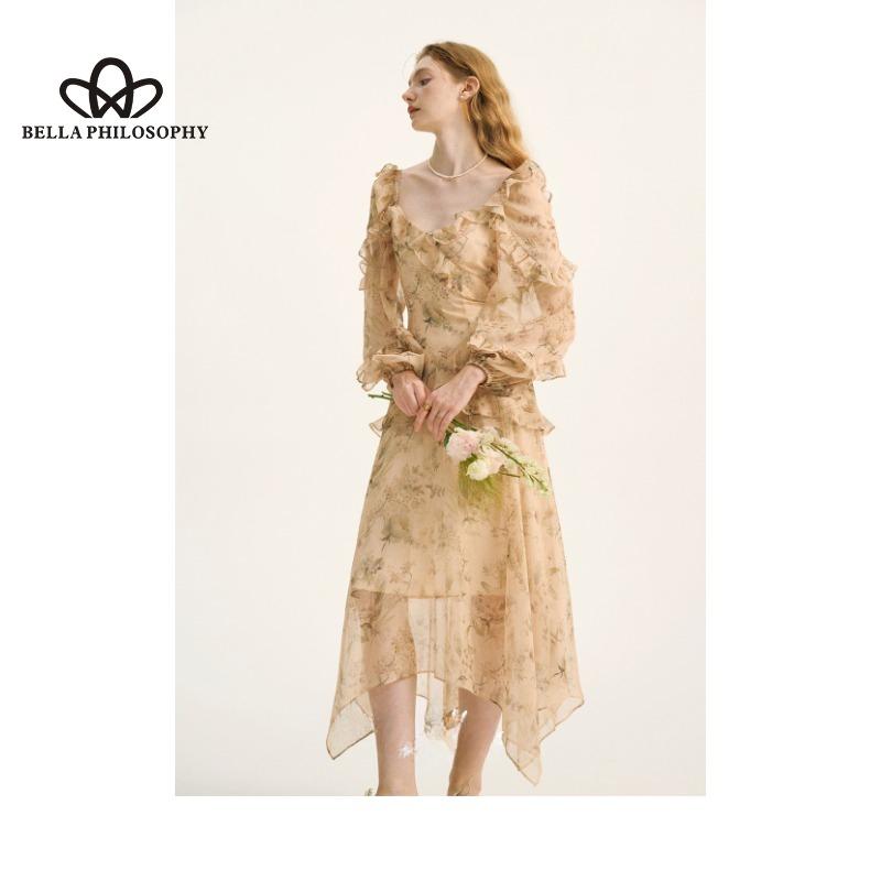 French Style Retro Elegant Floral Dress Fairy Long Dress Chiffon Dress Long Sleeve Seaside Holiday Long Sleeve Irregular Hem Dress